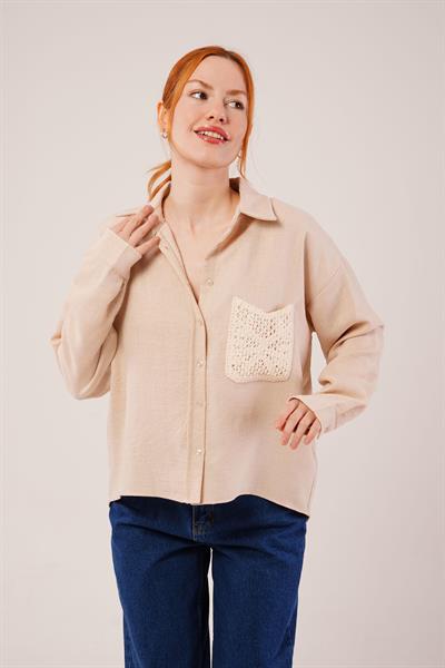 Etnik Cep Detaylı Bej Gömlek