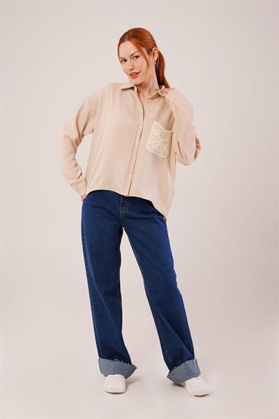 Etnik Cep Detaylı Bej Gömlek