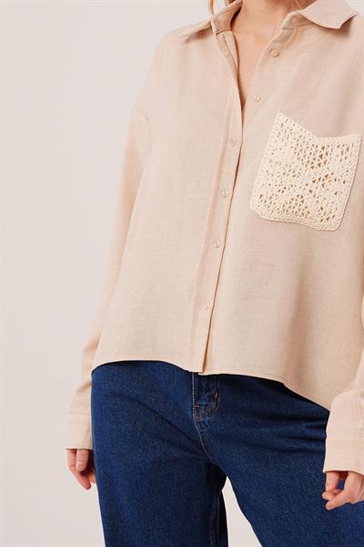 Etnik Cep Detaylı Bej Gömlek