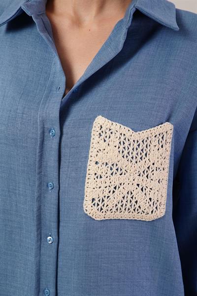 Etnik Cep Detaylı Mavi Gömlek