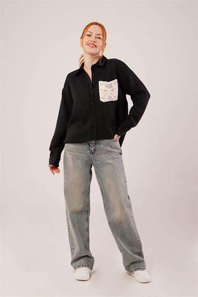 Etnik Cep Detaylı Siyah Gömlek