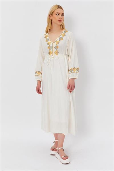 Etnik Desen Elbise - Beyaz