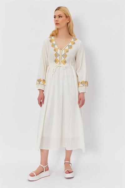 Etnik Desen Elbise - Beyaz