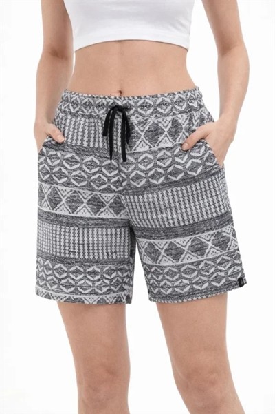 Etnik Desenli Dokuma Şort Lastikli Bel Bağcıklı Cepli Yazlık - Gri