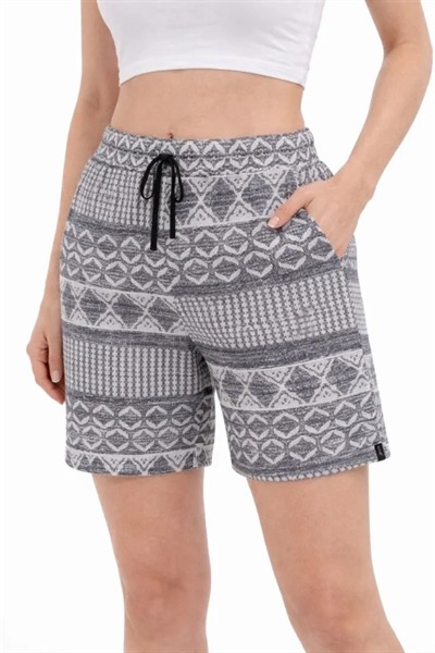 Etnik Desenli Dokuma Şort Lastikli Bel Bağcıklı Cepli Yazlık - Gri