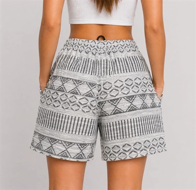 Etnik Desenli Dokuma Şort Yüksek Bel Lastikli Bağcıklı Cepli Yazlık Rahat - Gri