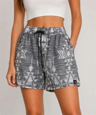 Etnik Desenli Dokuma Şort Yüksek Bel Lastikli Bağcıklı Cepli Yazlık Rahat - Gri
