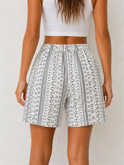 Etnik Desenli Dokuma Şort Yüksek Bel Lastikli Bağcıklı Cepli Rahat Kesim Yazlık - Gri