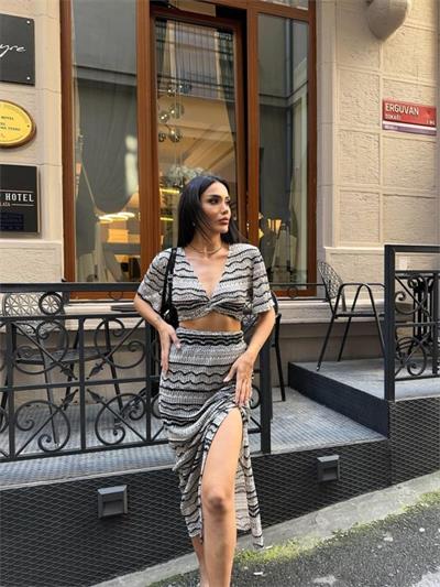 FİLE DANTEL BLUZ - YIRTMAÇLI ETEK TAKIM - Bej