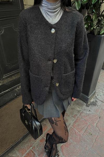 FIRÇALI KAŞE CROP CEKET - Siyah