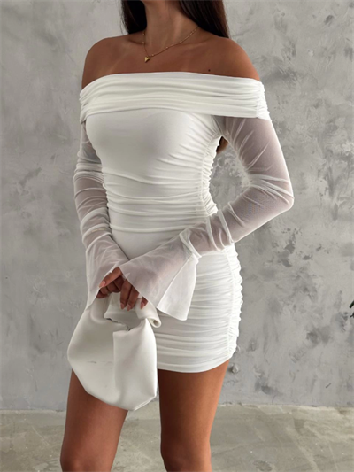 Fels Drapeli Açik Omuz Kol Tül Elbise - Beyaz