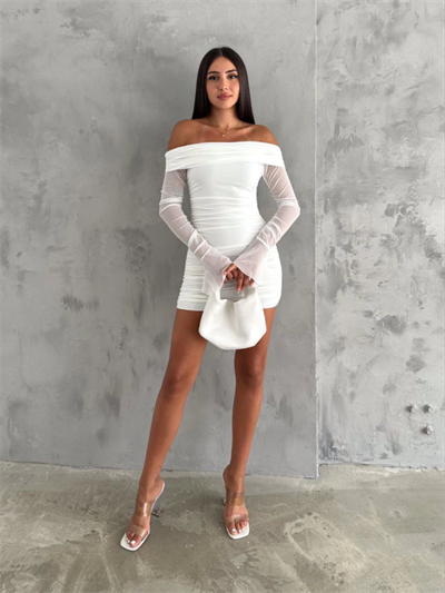 Fels Drapeli Açik Omuz Kol Tül Elbise - Beyaz