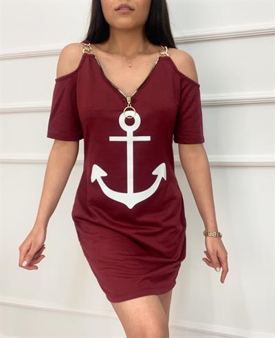 Fermuar Detay çıpa Baskılı Zincir Askılı Iki Iplik Elbise - Bordo