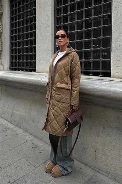 Fermuar Ve Kapşonlu Uzun Kapitone Mont 7062