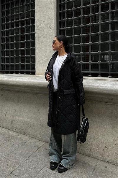 Fermuar Ve Kapşonlu Uzun Kapitone Mont 7062