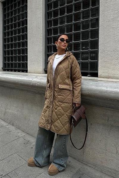 Fermuar Ve Kapşonlu Uzun Kapitone Mont 7062