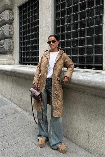 Fermuar Ve Kapşonlu Uzun Kapitone Mont 7062