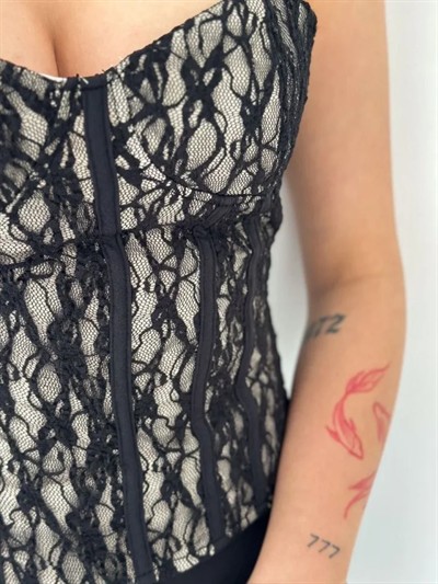 Fermuarlı Dantel Korse Straplez Bustiyer Transparan Şık Top - Bej