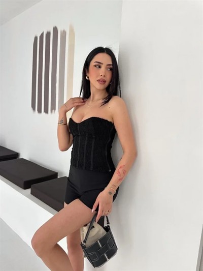 Fermuarlı Dantel Korse Straplez Bustiyer Transparan Şık Top - Siyah