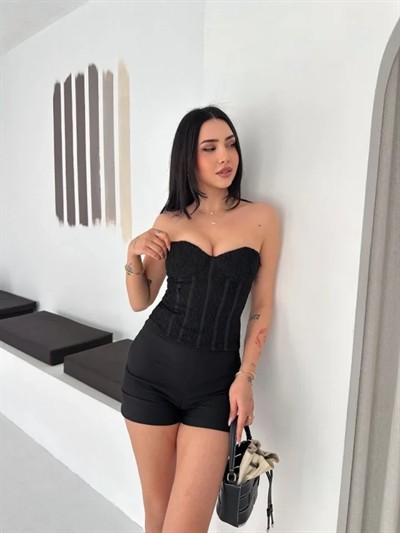 Fermuarlı Dantel Korse Straplez Bustiyer Transparan Şık Top - Siyah