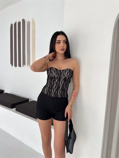 Fermuarlı Dantel Korse Straplez Bustiyer Transparan Şık Top - Bej