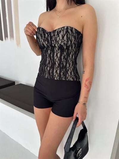 Fermuarlı Dantel Korse Straplez Bustiyer Transparan Şık Top - Bej