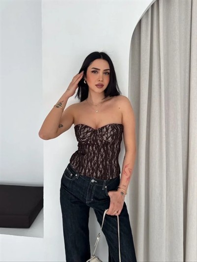 Fermuarlı Dantel Korse Straplez Bustiyer Transparan Şık Top - Kahverengi