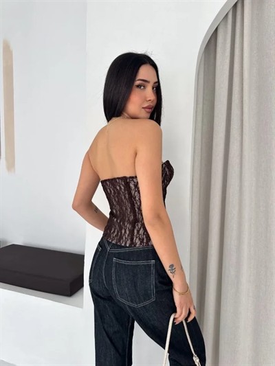 Fermuarlı Dantel Korse Straplez Bustiyer Transparan Şık Top - Kahverengi