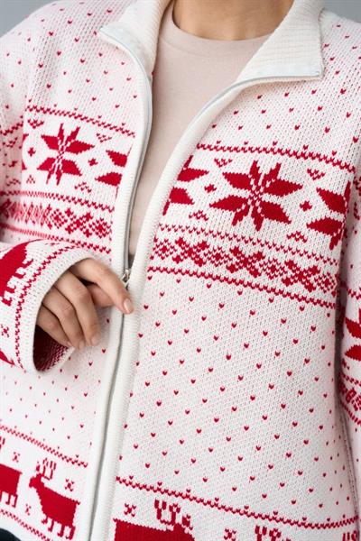 Fermuarlı Yılbaşı Hırkası - Krem-Kırmızı