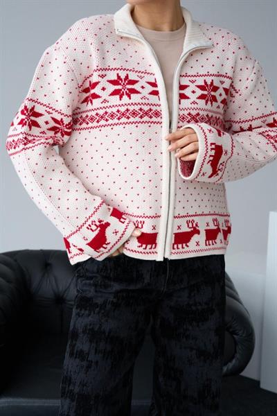 Fermuarlı Yılbaşı Hırkası - Krem-Kırmızı