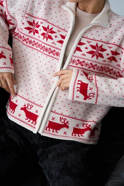 Fermuarlı Yılbaşı Hırkası - Krem-Kırmızı