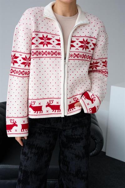 Fermuarlı Yılbaşı Hırkası - Krem-Kırmızı