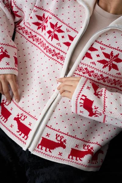 Fermuarlı Yılbaşı Hırkası - Krem-Kırmızı