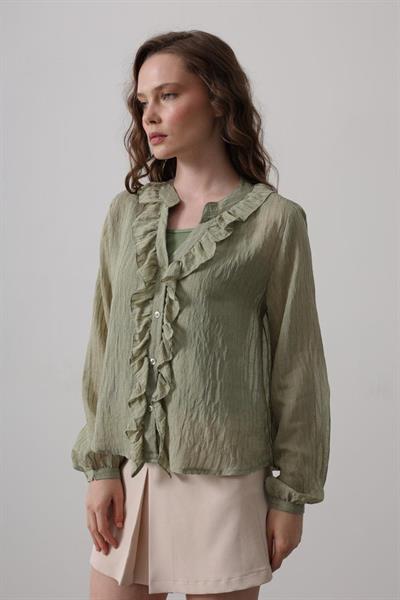 Fırfır Transparan Gömlek - Haki