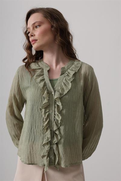 Fırfır Transparan Gömlek - Haki