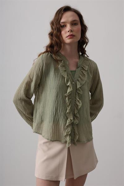 Fırfır Transparan Gömlek - Haki