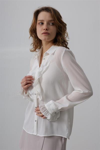 Fırfır Yakalı Şifon Gömlek - Beyaz