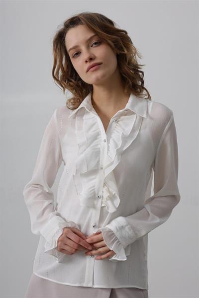 Fırfır Yakalı Şifon Gömlek - Beyaz