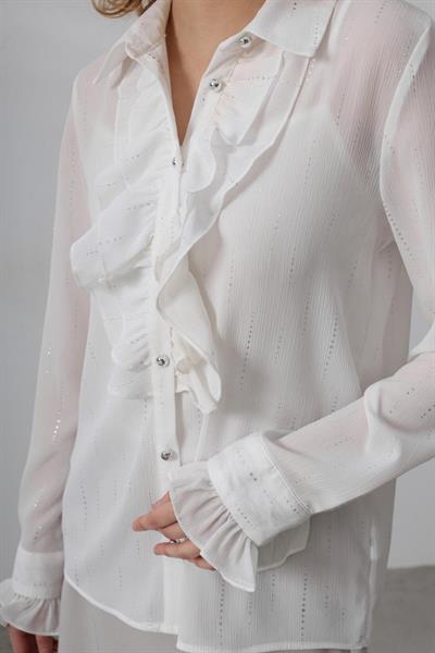 Fırfır Yakalı Şifon Gömlek - Beyaz