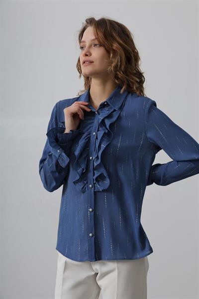 Fırfır Yakalı Şifon Gömlek - Mavi