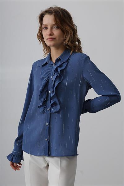 Fırfır Yakalı Şifon Gömlek - Mavi