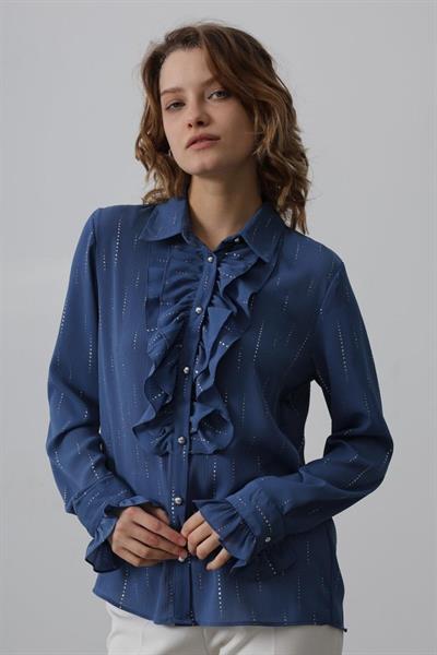 Fırfır Yakalı Şifon Gömlek - Mavi