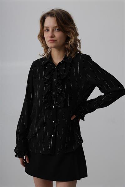 Fırfır Yakalı Şifon Gömlek - Siyah