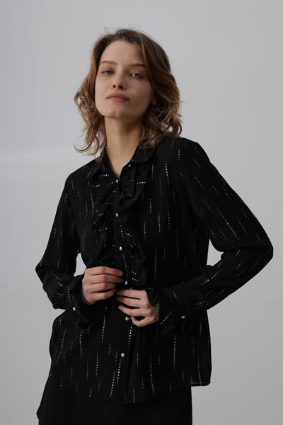 Fırfır Yakalı Şifon Gömlek - Siyah