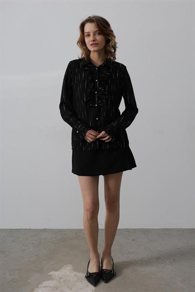 Fırfır Yakalı Şifon Gömlek - Siyah