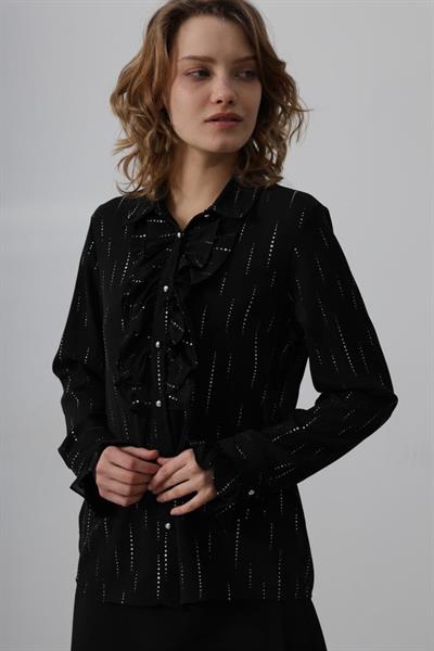 Fırfır Yakalı Şifon Gömlek - Siyah