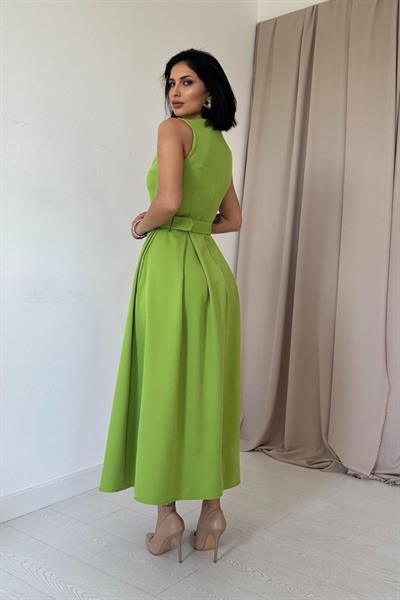 Fıstık Yeşili Halter Yaka Kloş Elbise