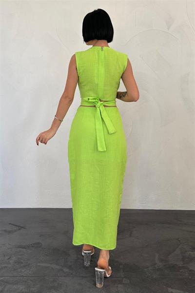 Fıstık Yeşili Kuşaklı Crop Ve Etek Takım