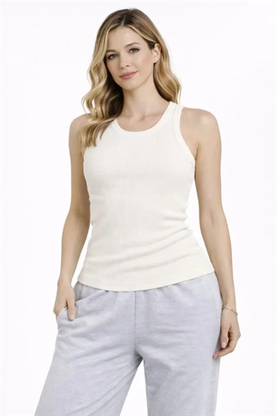 Fitilli Atlet Sıfır Yaka Slim Fit Arka Baskılı Spor Atlet - Krem