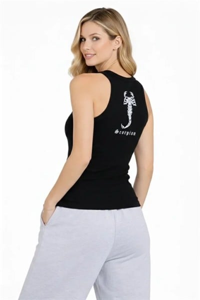 Fitilli Atlet Sıfır Yaka Slim Fit Arka Baskılı Spor Atlet - Siyah